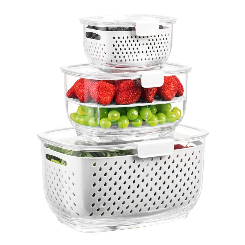 LUXEAR Fresh Produce Vegetable Fruit Storage Containers 3Piece Set, BPA-free, Partitioned Salad Container, Fridge Organizers, Used in Storing Fruits Vegetables, White - Image 1