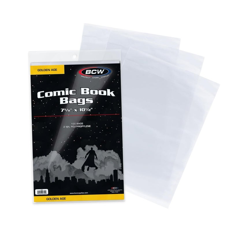 BCW Golden Age Comic Bags - 100 ct | Crystal Clear, Acid-Free Protection, Polypropylene Sleeves | Comic Bags for Secure Storage of Standard Golden Comics Collection - Image 1