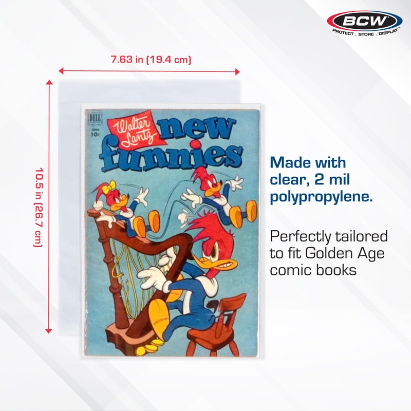 BCW Golden Age Comic Bags - 100 ct | Crystal Clear, Acid-Free Protection, Polypropylene Sleeves | Comic Bags for Secure Storage of Standard Golden Comics Collection - Image 2