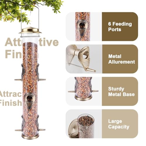 MIXXIDEA 1PK Metal Bird Feeders with 6 Feeding Ports,Tube Bird Feeder with Steel Hanger,Hard Plastic Wild Bird Feeder for Outdoors Hanging, Attracting Birds in Your Lawn, Garden, Balcony–Bronze - Image 3
