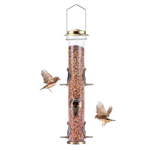 MIXXIDEA 1PK Metal Bird Feeders with 6 Feeding Ports,Tube Bird Feeder with Steel Hanger,Hard Plastic Wild Bird Feeder for Outdoors Hanging, Attracting Birds in Your Lawn, Garden, Balcony–Bronze - Image 1