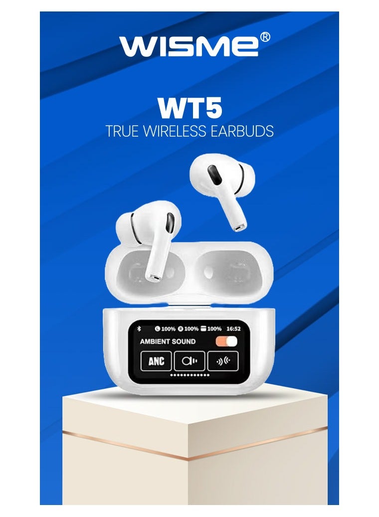 ويزمي سماعات أذن Wisme WT5 اللاسلكية الحقيقية، بلوتوث 5.0، تحكم باللمس، بطارية طويلة الأمد، حافظة شحن صغيرة، أبيض - Image 1