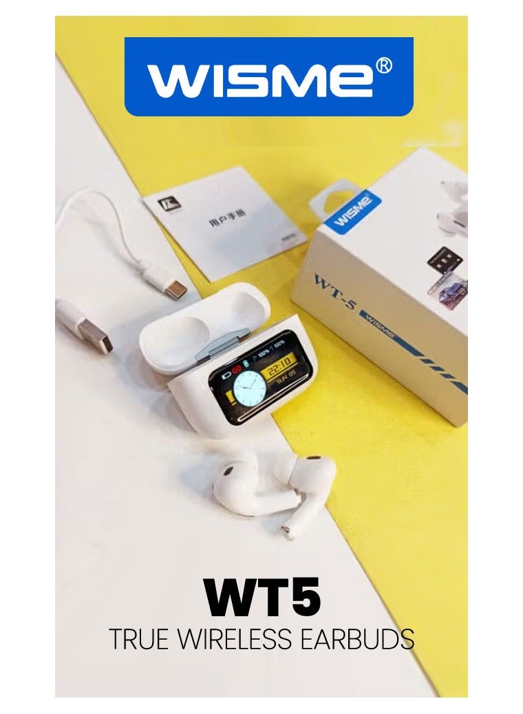 ويزمي سماعات أذن Wisme WT5 اللاسلكية الحقيقية، بلوتوث 5.0، تحكم باللمس، بطارية طويلة الأمد، حافظة شحن صغيرة، أبيض - Image 2