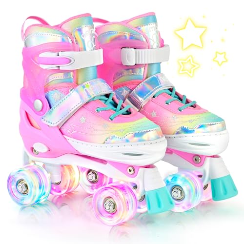 NEMONE Unicorn 4 Size Adjustable Light up Roller Skates for Girls, Pink Skates for Toddlers, Beginner Kids Roller Skates Indoor Outdoor (Unicorn M NEW) - Image 1