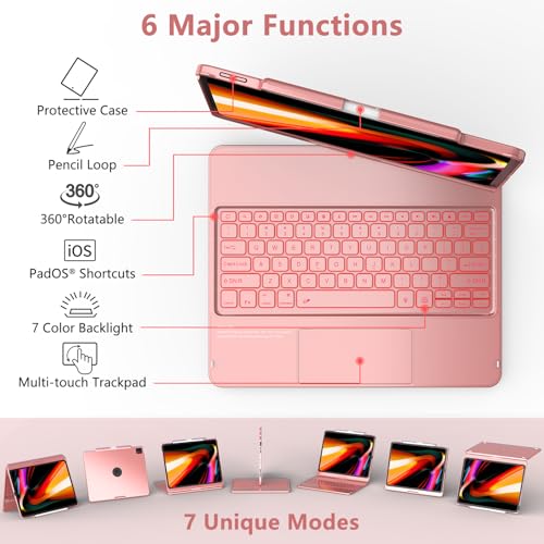 TQQ iPad Air 13 Inch Case Keyboard (M3 2025 / M2 2024), iPad Pro 12.9 (6th, 5th, 4th, 3rd Gen) Keyboard - 360° Rotatable, 7-Color Backlight, Multi-Touch Trackpad, Thin & Light (Pink) - Image 3