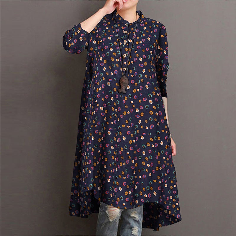 2023 Women'S Long-Sleeved Printed Top Kaftan Shirt Dress High And Low Hem Shirt - Image 3