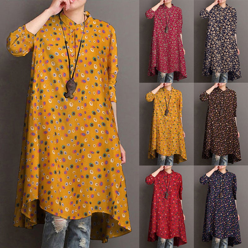 2023 Women'S Long-Sleeved Printed Top Kaftan Shirt Dress High And Low Hem Shirt - Image 2