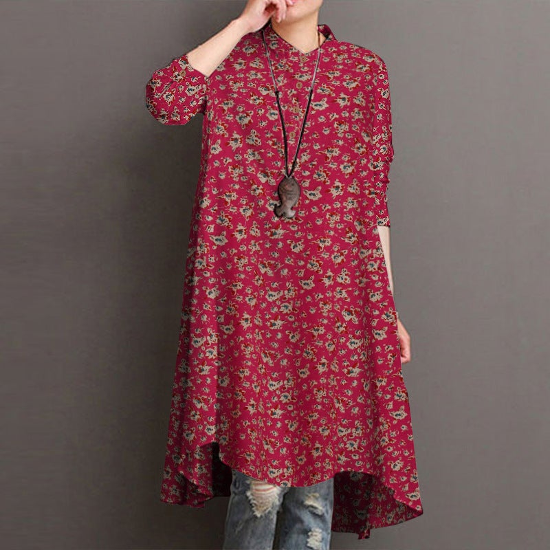 2023 Women'S Long-Sleeved Printed Top Kaftan Shirt Dress High And Low Hem Shirt - Image 1