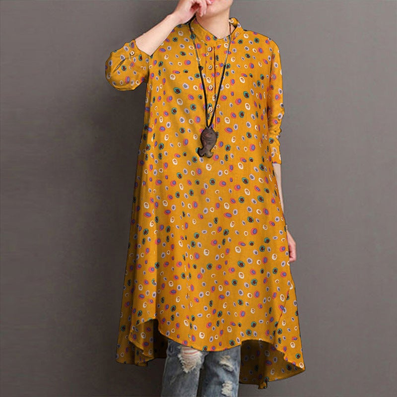 2023 Women'S Long-Sleeved Printed Top Kaftan Shirt Dress High And Low Hem Shirt - Image 5