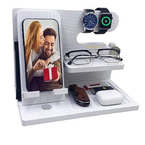 VEIYAILU Gifts for Women Girlfriend Men Him Husband Boyfriend Son Boss Wood Phone Docking Station Nightstand Organizer Anniversary Birthday Gifts (White) - Image 1