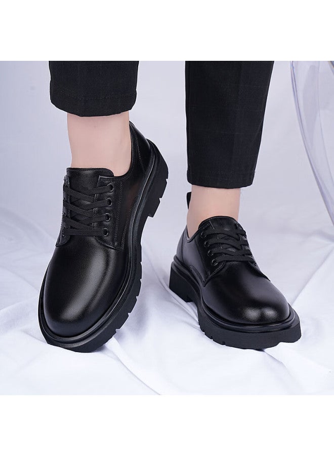 Beioutu Men's Leather Shoes, Fashionable Lace-up Soft Sole Business Formal Shoes, Thick-soled Wear-resistant Footwear For Men, 4889 Black, Size 39 - Image 2