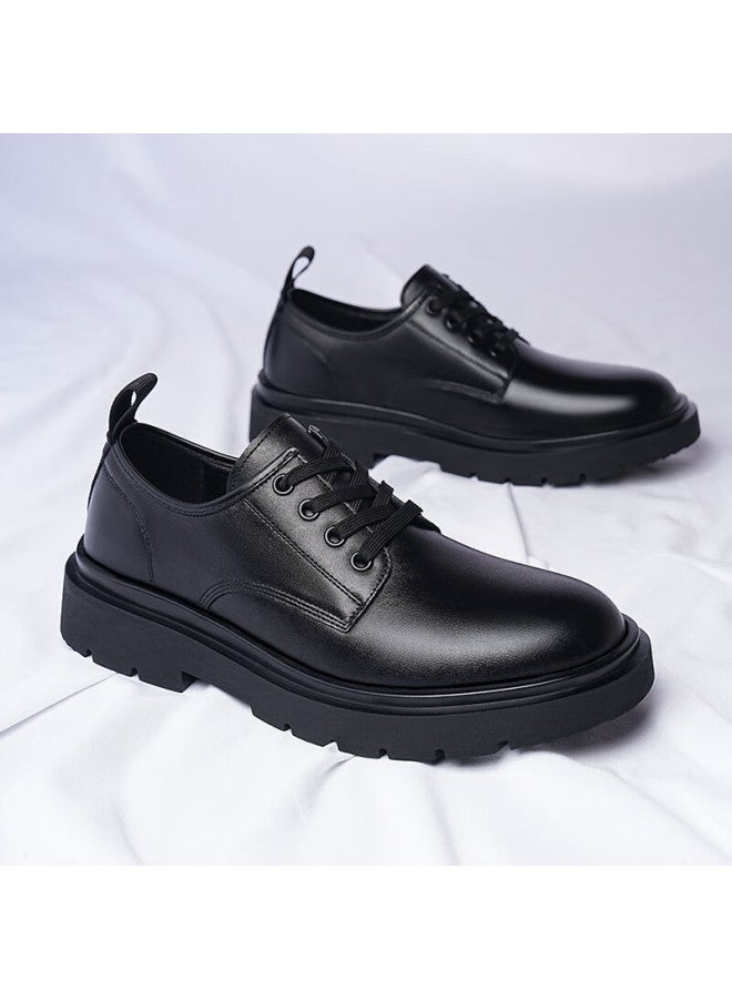 Beioutu Men's Leather Shoes, Fashionable Lace-up Soft Sole Business Formal Shoes, Thick-soled Wear-resistant Footwear For Men, 4889 Black, Size 39 - Image 5