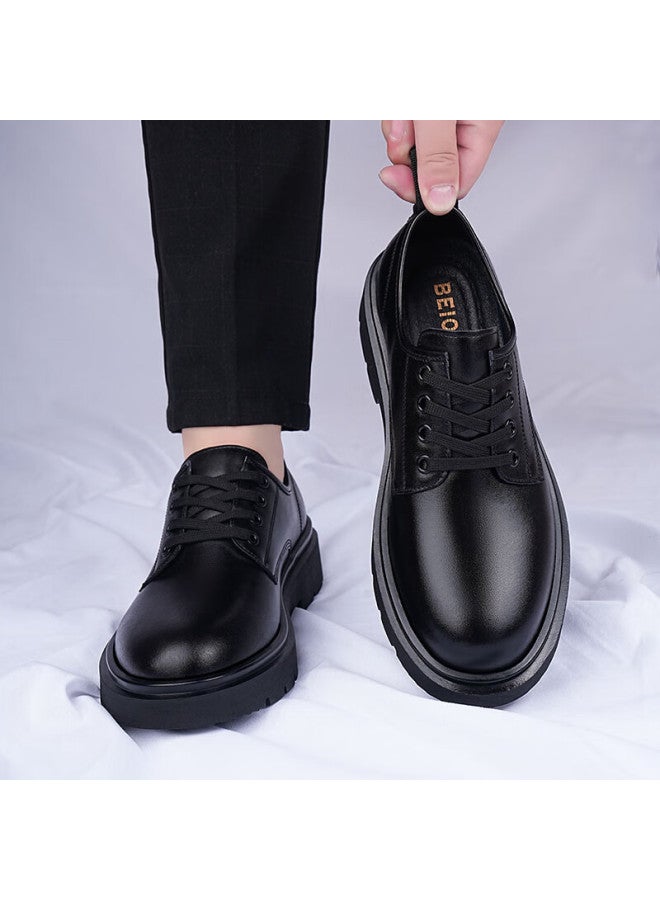 Beioutu Men's Leather Shoes, Fashionable Lace-up Soft Sole Business Formal Shoes, Thick-soled Wear-resistant Footwear For Men, 4889 Black, Size 39 - Image 1
