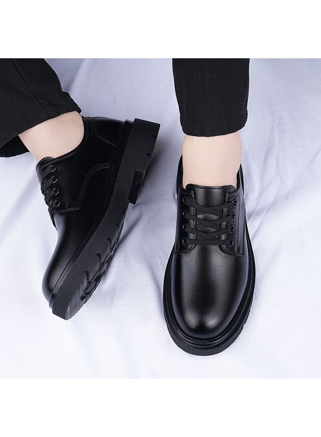 Beioutu Men's Leather Shoes, Fashionable Lace-up Soft Sole Business Formal Shoes, Thick-soled Wear-resistant Footwear For Men, 4889 Black, Size 39 - Image 4