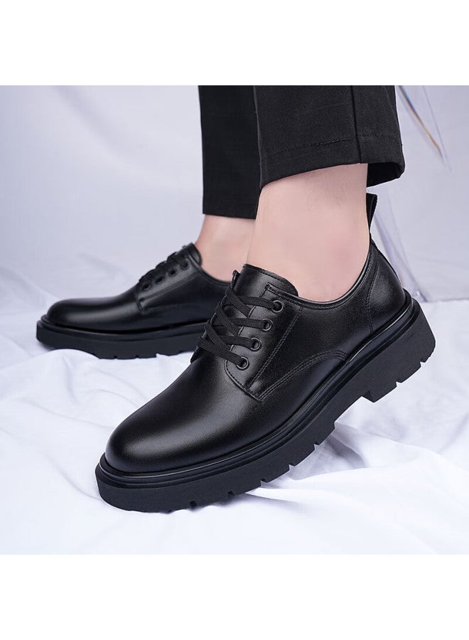 Beioutu Men's Leather Shoes, Fashionable Lace-up Soft Sole Business Formal Shoes, Thick-soled Wear-resistant Footwear For Men, 4889 Black, Size 39 - Image 3