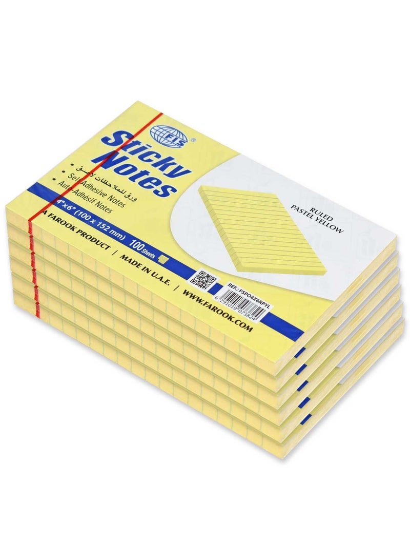 FIS Sticky Note Pad, 4X6 inches, Pack of 6, Ruled Pastel Yellow -FSPO4X6RPYL - Image 1