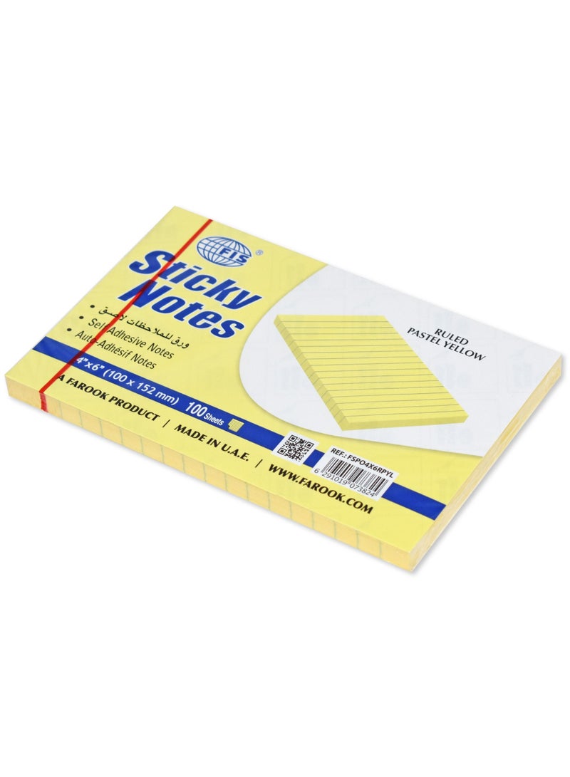 FIS Sticky Note Pad, 4X6 inches, Pack of 6, Ruled Pastel Yellow -FSPO4X6RPYL - Image 2