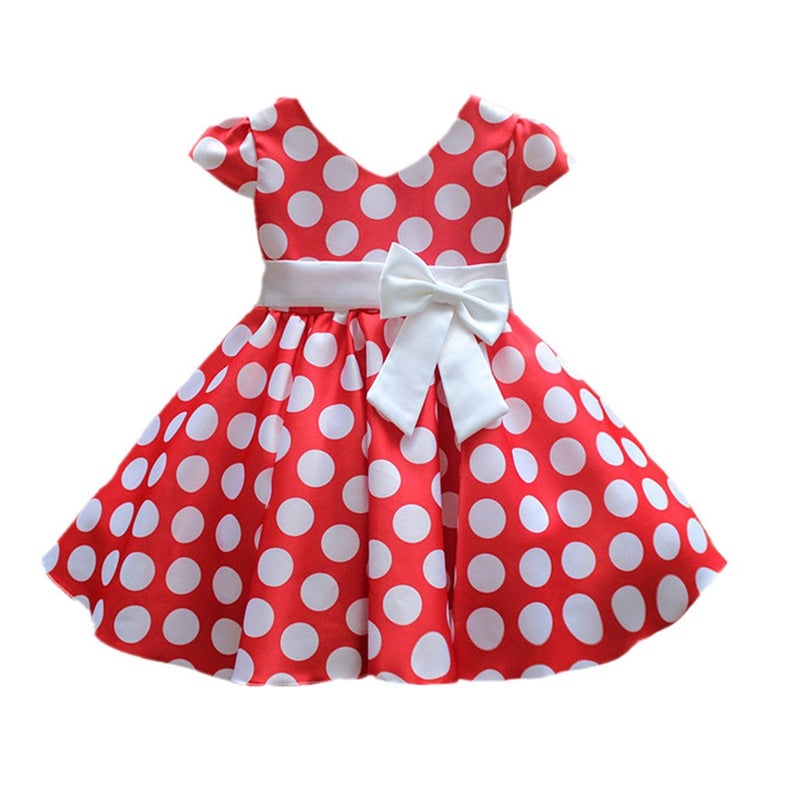 DreamHigh Girls Toddlers Polka Dot Skirt Cap Sleeves Flowers Girl Vintage Bow Dress with Headband Red 4T - Image 2