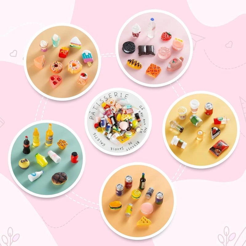 HSJH 50 Pcs Miniature Food Drink Bottles Soda Pop Cans Pretend Play Kitchen Game Party Accessories Toys Hamburg Cake Ice Cream for 1/12 Doll House (25Food+25Drink) - Image 3