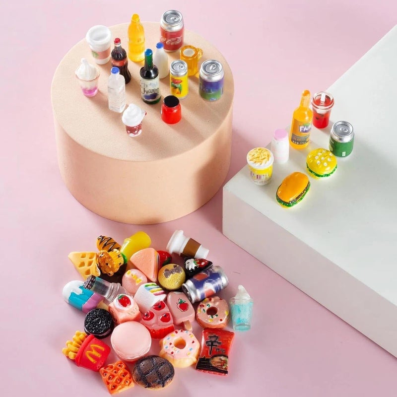 HSJH 50 Pcs Miniature Food Drink Bottles Soda Pop Cans Pretend Play Kitchen Game Party Accessories Toys Hamburg Cake Ice Cream for 1/12 Doll House (25Food+25Drink) - Image 5
