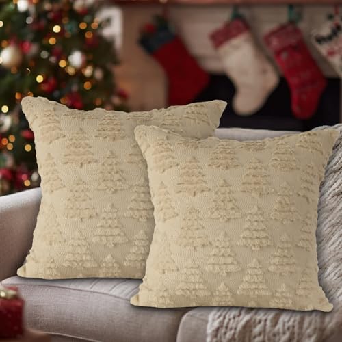 Lanpn Christmas 24x24 Throw Pillow Covers Set of 2 Winter Christmas Tree Throw Pillow Cases Soft Plush Faux Fur Wool 24 x 24 Winter Cushion Cover for Indoor Home Bedroom Couch Sofa Decor Beige - Image 3