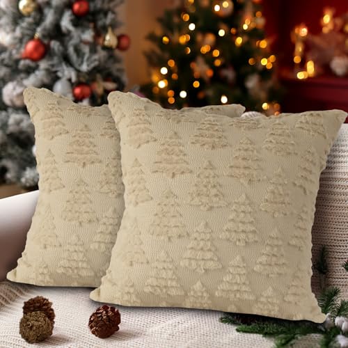 Lanpn Christmas 24x24 Throw Pillow Covers Set of 2 Winter Christmas Tree Throw Pillow Cases Soft Plush Faux Fur Wool 24 x 24 Winter Cushion Cover for Indoor Home Bedroom Couch Sofa Decor Beige - Image 1