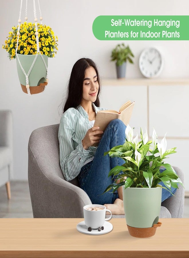 Vanslogreen 8 Inch Hanging Planters for Indoor Outdoor Plants, 2 Pack Self Watering Hanging Pot with Drainage Holes & 2 Kinds of Plant Hangers, Hanging Baskets Flower Pots for Garden Home (Green) - Image 5