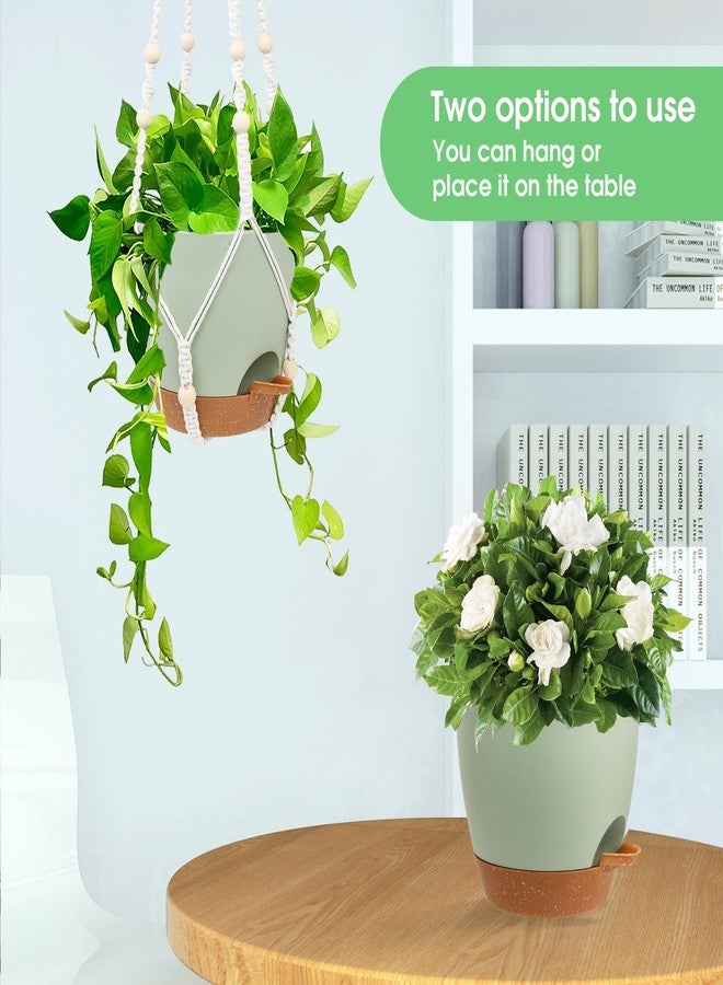 Vanslogreen 8 Inch Hanging Planters for Indoor Outdoor Plants, 2 Pack Self Watering Hanging Pot with Drainage Holes & 2 Kinds of Plant Hangers, Hanging Baskets Flower Pots for Garden Home (Green) - Image 4