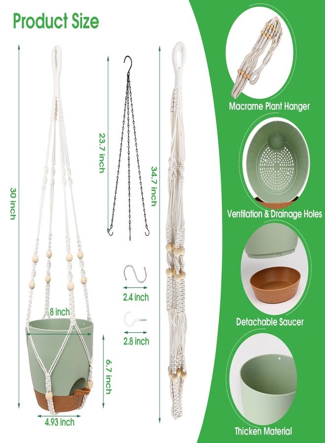 Vanslogreen 8 Inch Hanging Planters for Indoor Outdoor Plants, 2 Pack Self Watering Hanging Pot with Drainage Holes & 2 Kinds of Plant Hangers, Hanging Baskets Flower Pots for Garden Home (Green) - Image 2