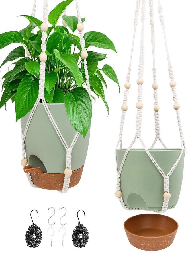 Vanslogreen 8 Inch Hanging Planters for Indoor Outdoor Plants, 2 Pack Self Watering Hanging Pot with Drainage Holes & 2 Kinds of Plant Hangers, Hanging Baskets Flower Pots for Garden Home (Green) - Image 1