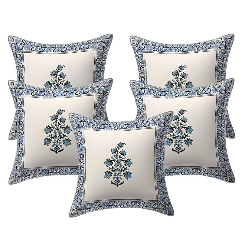 Texstylers Pure Cotton Canvas Jaipuri Hand Block Print Cushion Cover Suitable for Bed RoomLiving RoomSofa Couch Blue White 16x16 Inch 5 Pcs