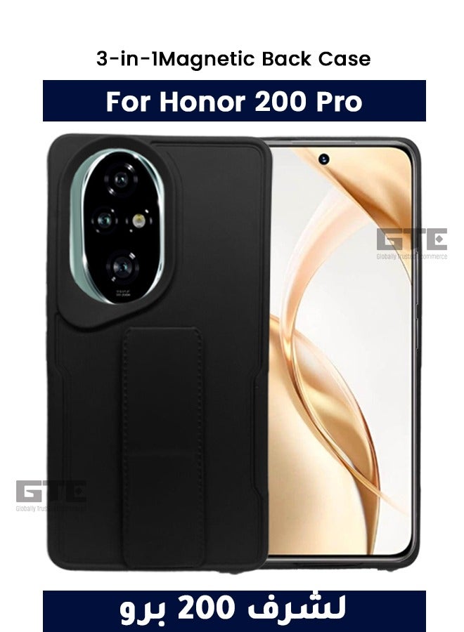 3-in-1 Magnetic Wrist Strap Hand Grip Stand Back Case Cover for Honor 200 Pro-Black
