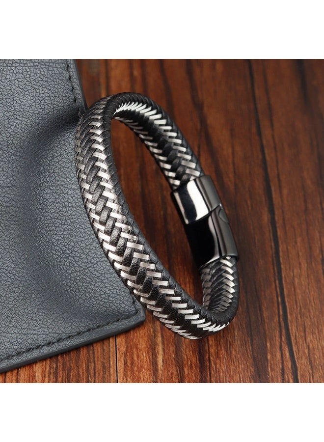 Goolsky Braided Leather Cord Bracelet Multi-Layer Minimalist Magnetic Alloy Clasp Bangle Unisex Gentleman Style Leather Wristband - Image 5