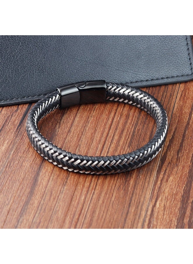 Goolsky Braided Leather Cord Bracelet Multi-Layer Minimalist Magnetic Alloy Clasp Bangle Unisex Gentleman Style Leather Wristband - Image 3