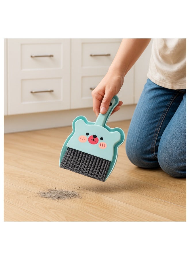 طقم جاروف ومكنسة صغيرة يدوية بتصميم دب لطيف – أداة تنظيف متعددة للاستخدام في المكتب والمطبخ والسيارة وتنظيف الأسطح والأرضيات والغبار- لبني - Image 3