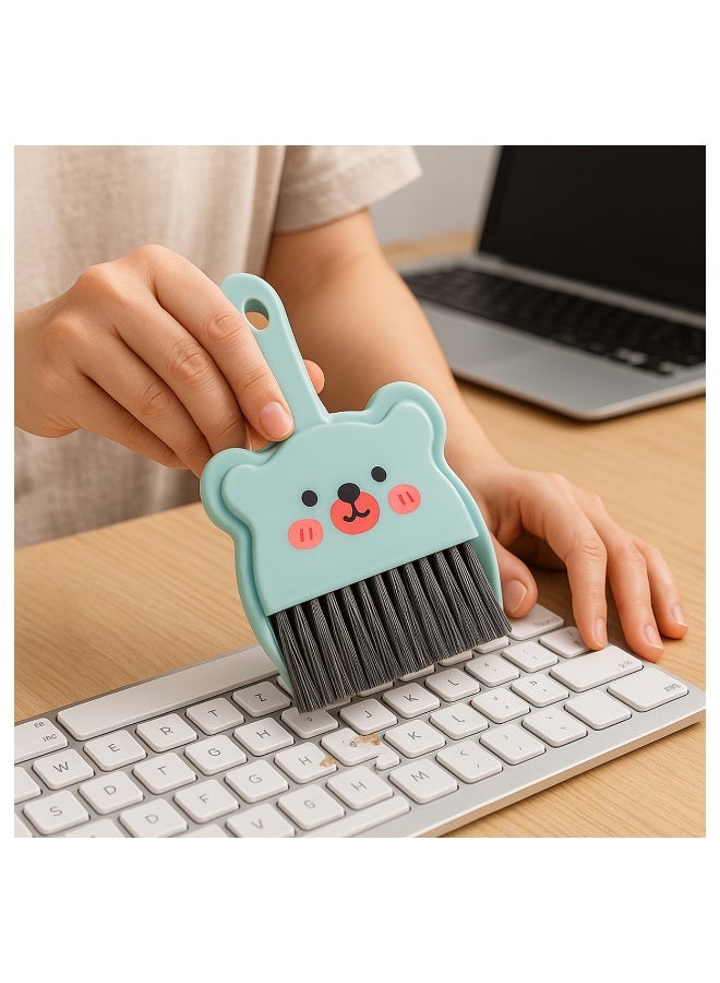 طقم جاروف ومكنسة صغيرة يدوية بتصميم دب لطيف – أداة تنظيف متعددة للاستخدام في المكتب والمطبخ والسيارة وتنظيف الأسطح والأرضيات والغبار- لبني - Image 4