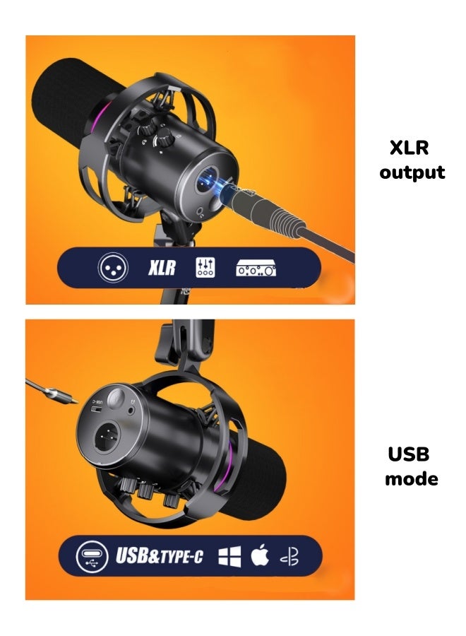 oldlaiben XLR/USB Dynamic Microphone,Streaming Mic with RGB Light,Gaming Microphone Kit,Mute Button,with Boom Arm Stand,Computer RGB Mic Kit,for Podcast Recording, PC Computer Gaming,Podcast Recording - Image 5