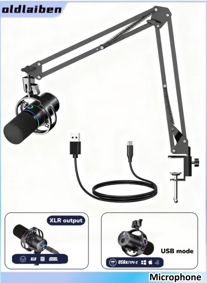 oldlaiben XLR/USB Dynamic Microphone,Streaming Mic with RGB Light,Gaming Microphone Kit,Mute Button,with Boom Arm Stand,Computer RGB Mic Kit,for Podcast Recording, PC Computer Gaming,Podcast Recording - Image 1
