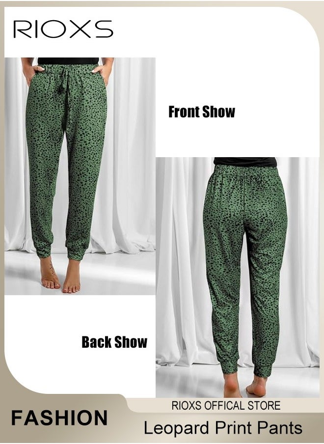 RIOXS - Women's Casual Drawstring Tie Trouser Casual Leopard Elastic Waist Pants  Loose Jogger Track Pants With Pockets - Image 1