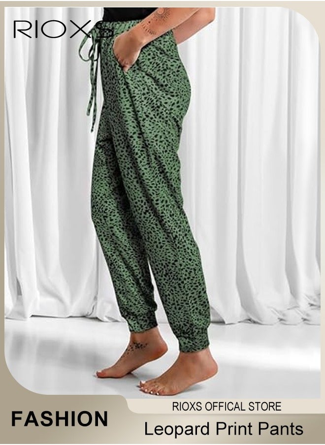 RIOXS - Women's Casual Drawstring Tie Trouser Casual Leopard Elastic Waist Pants  Loose Jogger Track Pants With Pockets - Image 1