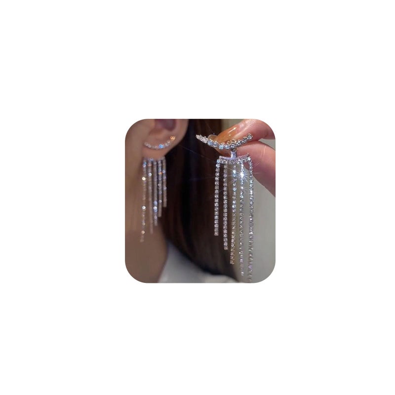 MIFYNN Trendy Gold Long Tassel Earrings Simple Chandelier Tassel Chain Dangle Drop Earrings Bridesmaid Wedding Party Jewelry for Women (Silver Rhinestone) - Image 1