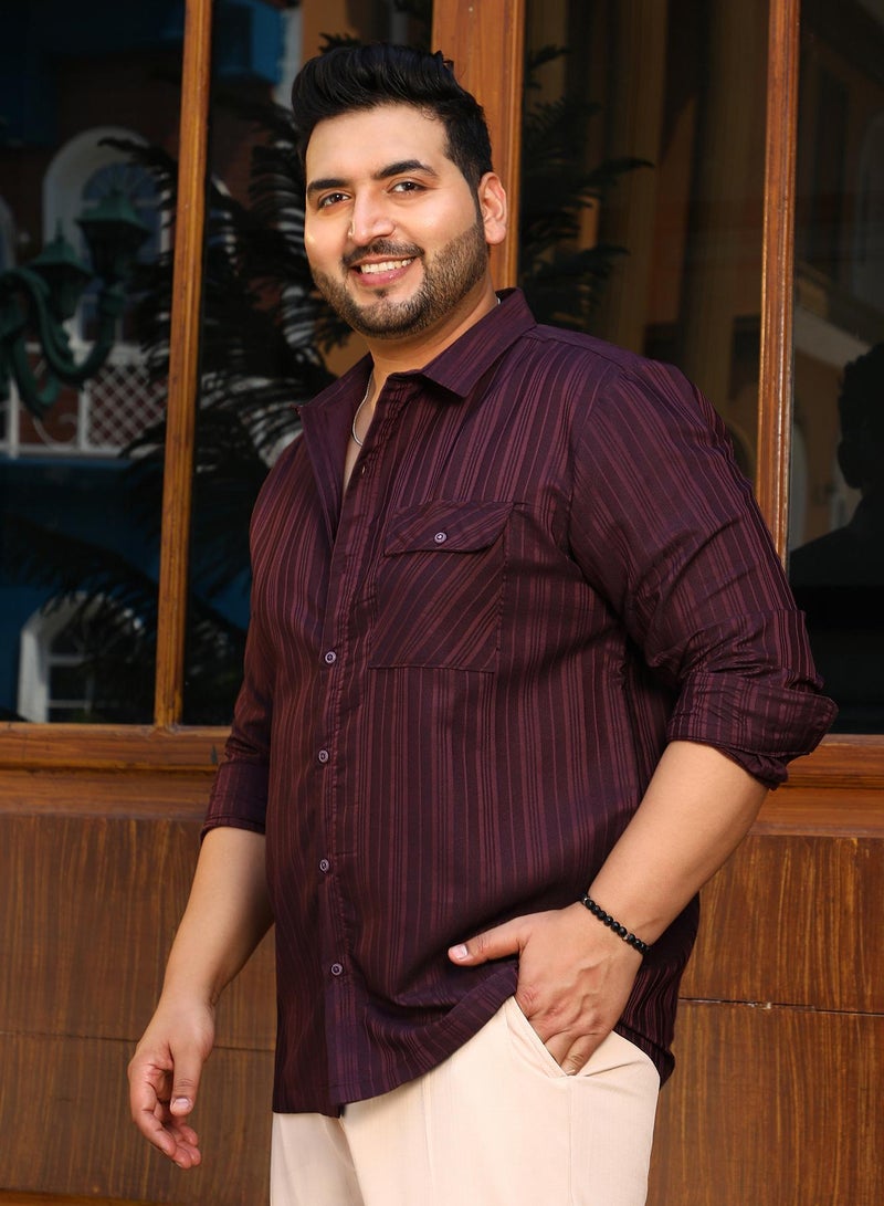 Instafab Plus Men's Burgundy Red Multitrack-Striped Shirt For Casual Wear | Spread Collar | Long Cuffed Sleeves | Button Closure | Plus Size Shirt Crafted With Comfort Fit For Everyday Wear - Image 3