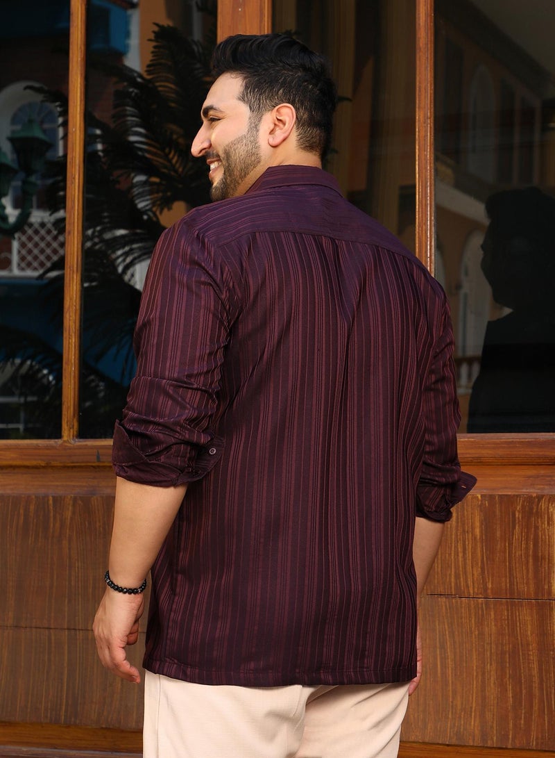 Instafab Plus Men's Burgundy Red Multitrack-Striped Shirt For Casual Wear | Spread Collar | Long Cuffed Sleeves | Button Closure | Plus Size Shirt Crafted With Comfort Fit For Everyday Wear - Image 5