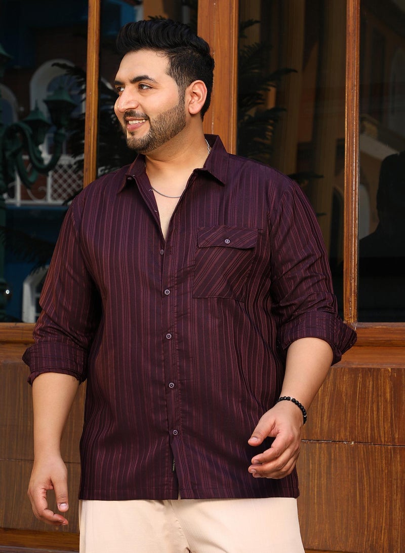 Instafab Plus Men's Burgundy Red Multitrack-Striped Shirt For Casual Wear | Spread Collar | Long Cuffed Sleeves | Button Closure | Plus Size Shirt Crafted With Comfort Fit For Everyday Wear - Image 2