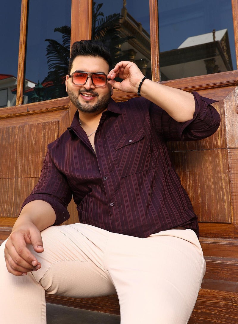 Instafab Plus Men's Burgundy Red Multitrack-Striped Shirt For Casual Wear | Spread Collar | Long Cuffed Sleeves | Button Closure | Plus Size Shirt Crafted With Comfort Fit For Everyday Wear - Image 1