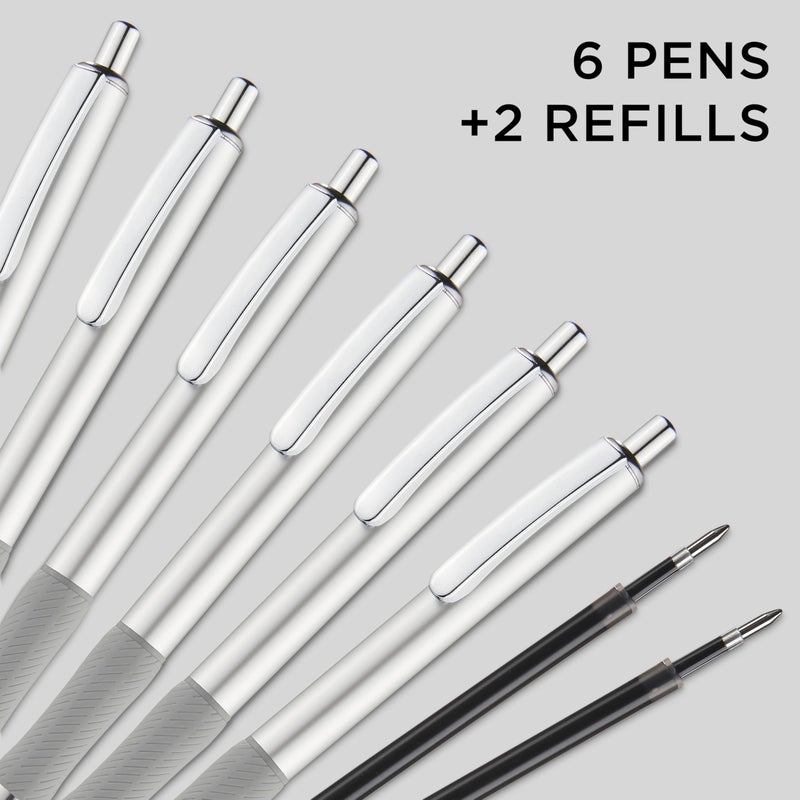 &And Per Se Metal Gel Pens, 6 Pcs 0.7mm Black Ink Pens, Medium Point Smooth Writing Pens, with 2 Extra Refills (Silver Metal Barrel) - Image 2