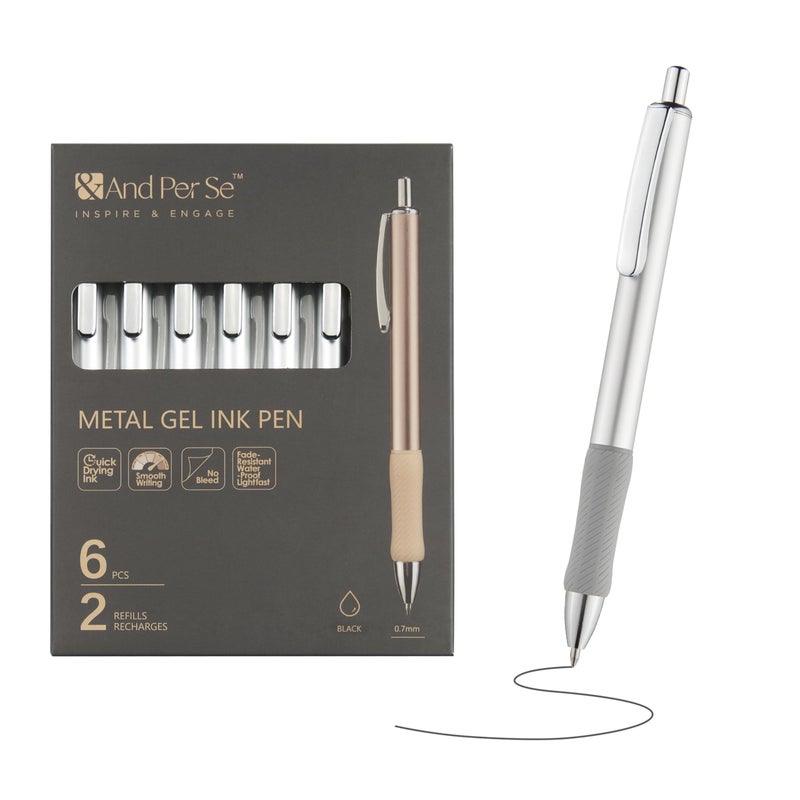 &And Per Se Metal Gel Pens, 6 Pcs 0.7mm Black Ink Pens, Medium Point Smooth Writing Pens, with 2 Extra Refills (Silver Metal Barrel) - Image 1