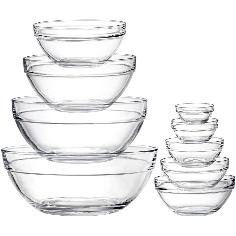 Lawei Set of 9 Glass Mixing Bowls  Glass Nesting Bowls Prep Bowl Clear Salad Bowls for Kitchen Prep Salad Cereal Ice Cream Pasta Fruits