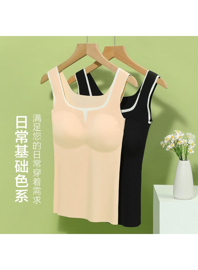 Red Bean Wire-Free Camisole With Built-In Bra, Contrast Color Icy Silk Tank Top For Summer Wear - Image 5