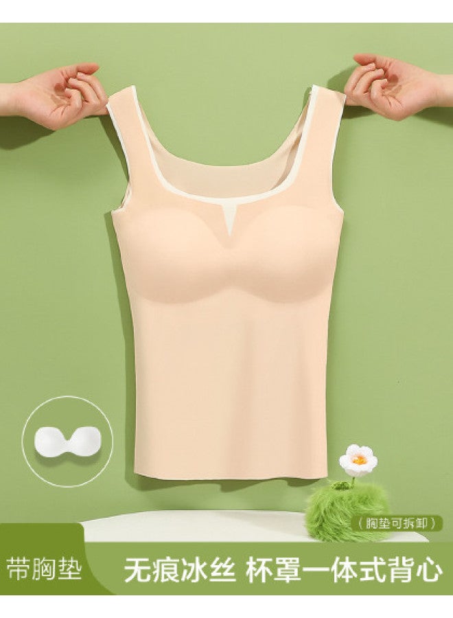 Red Bean Wire-Free Camisole With Built-In Bra, Contrast Color Icy Silk Tank Top For Summer Wear - Image 1